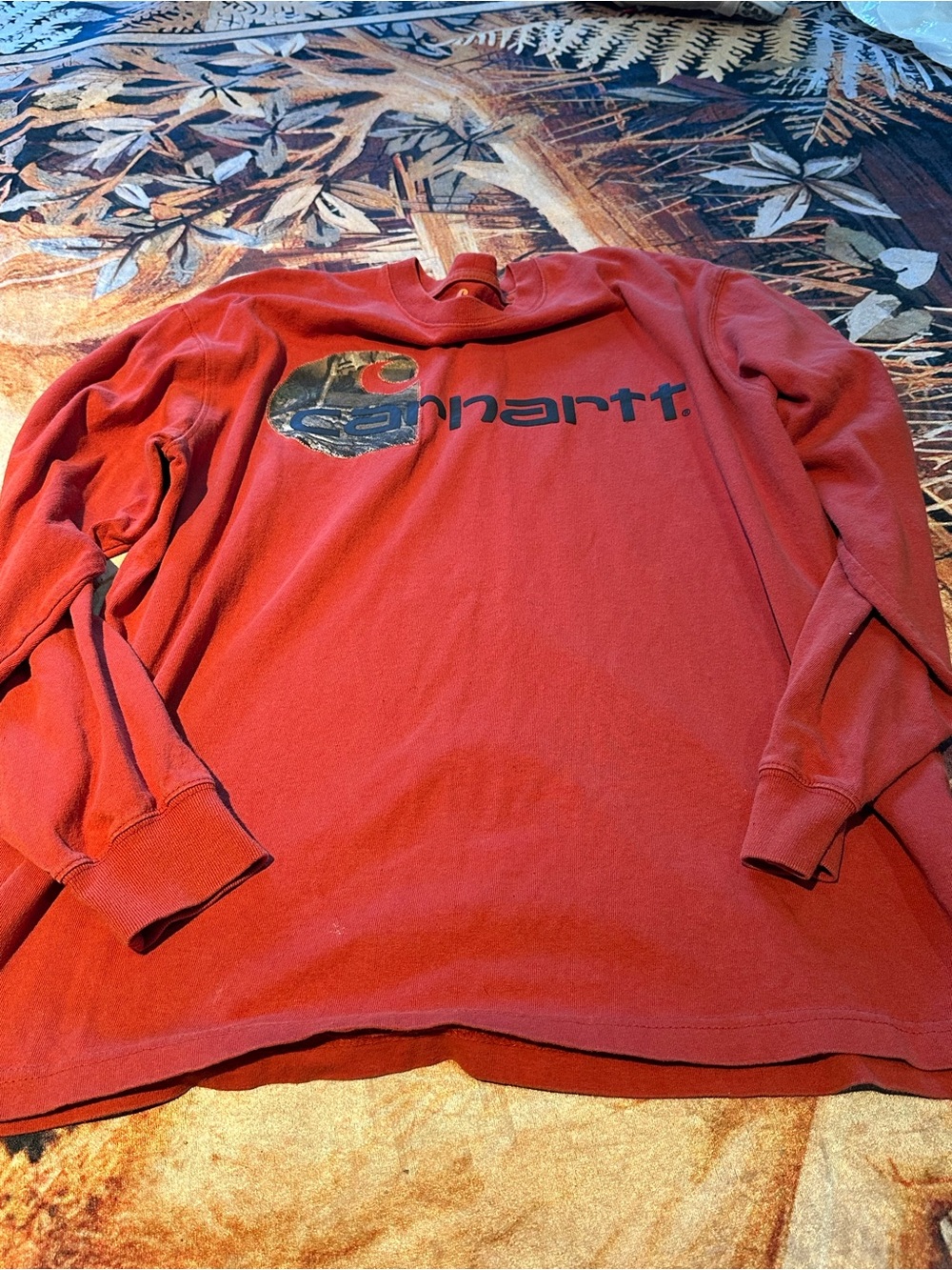 Carhartt Rust Red Crewneck Long Sleeve camo logo Tee